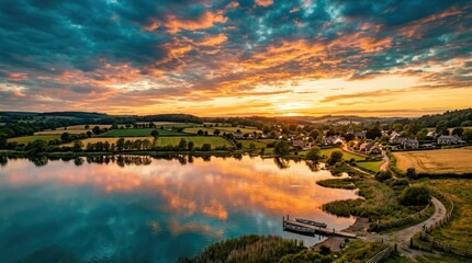 Fototapeta premium Vibrant Sunset Over a Serene Lake and Picturesque Village.