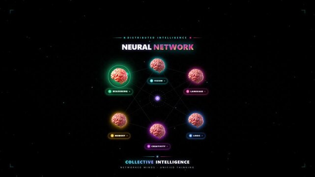 Distributed neural network visualization showing multiple connected AI brain nodes with cognitive functions on dark background
