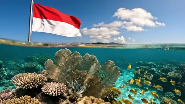 Indonesian Flag Waving Over Vibrant Tropical Coral Reef and Fish
