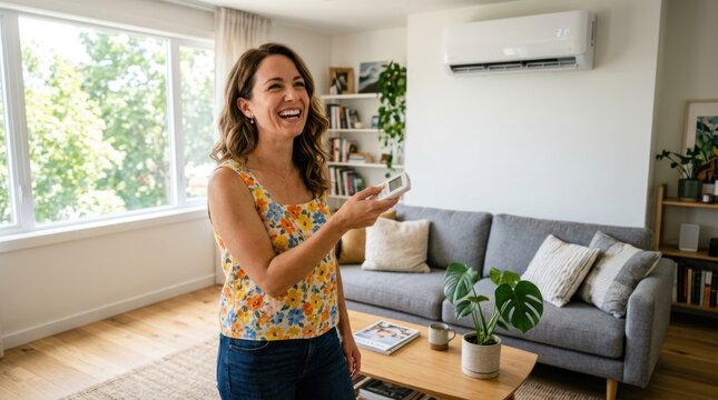 Woman happily controlling air conditioning unit with remote in a bright living room.