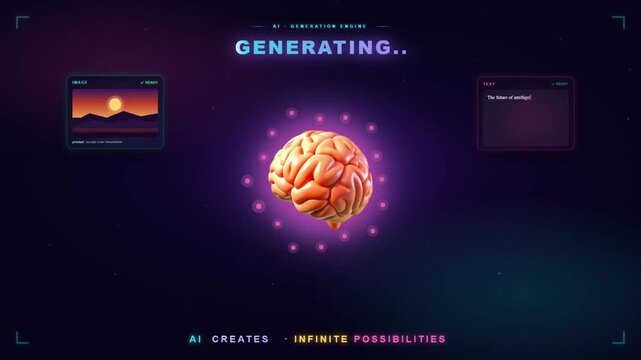 AI generation engine dashboard displaying multimodal output capabilities including image music video text code and 3d model on dark background
