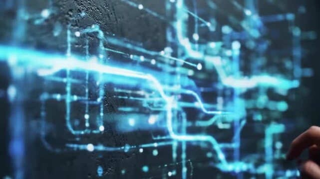 Macro video of a clean modern hand interacting with a dark gray textured surface as luminous electric blue, white, teal digital data streams react dynamically, futuristic technology concept