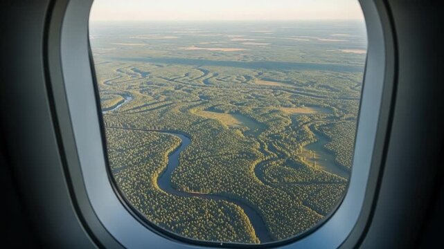 Aerial View of Meandering River Through Dense Boreal Forest Seen From Airplane Window During Golden Hour Flight