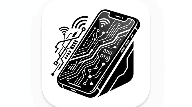 Modern smartphone icon with digital circuit board pattern, wireless network signals, and binary code, symbolizing advanced technology and connectivity.