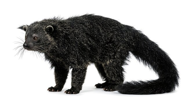 Full length portrait of a black binturong standing on a white background.