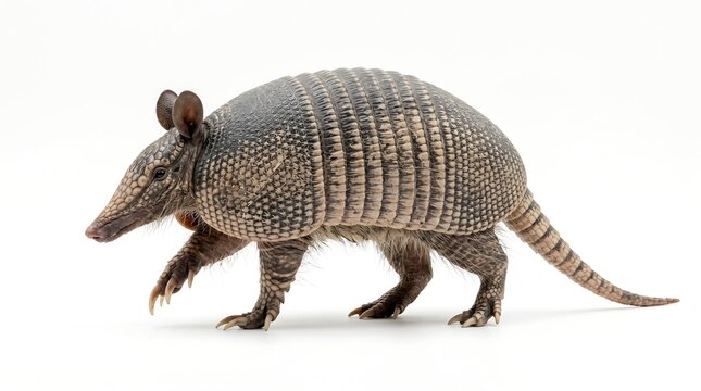 Full body shot of a nine-banded armadillo isolated on white background.