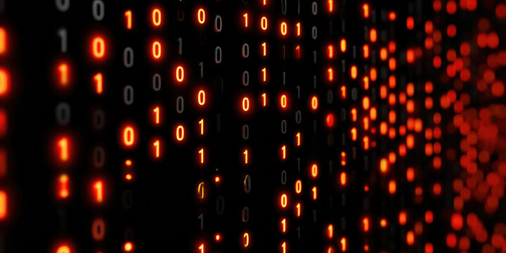 Binary code digital data glowing number abstract background technology pattern cyber security information stream data matrix red light black background