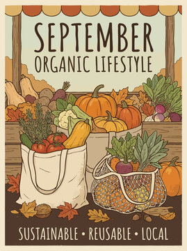 A vibrant farmer's market display with fresh produce in reusable bags and baskets outdoors.