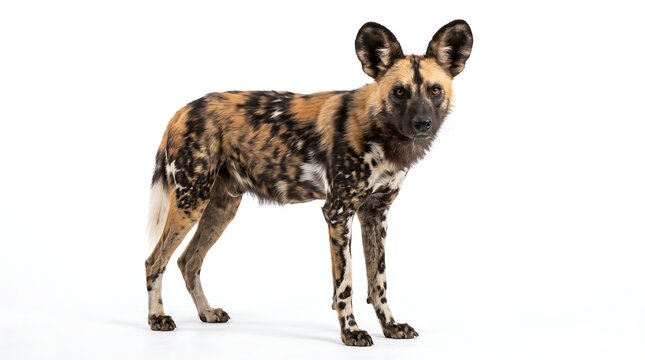 Full body portrait of an African wild dog standing isolated on white background.