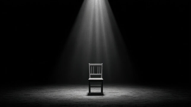 Spotlight chair empty stage dark room black background dramatic solitude minimal scene