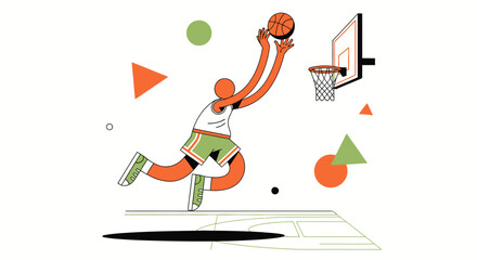 Basketball Player in Retro Style Jumps for a Dynamic Slam Dunk Shot © Totok