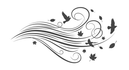 Fototapeta premium Flying birds and autumn leaves swirling in the wind