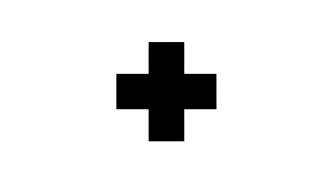 A simple black cross symbol is presented against a stark white background, representing a fundamental element or medical sign.
