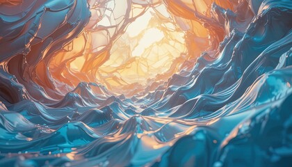 Naklejka premium Abstract liquid waves flow through a glowing cavernous tunnel with soft light.