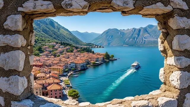 Scenic Coastal Town View Through Ancient Stone Window Frame Overlooking Blue Bay and Mountains