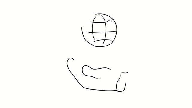 The globe hangs above the hand. Contour drawing, silhouett animation. Continuous line. Isolated on white. Video 4k object illustration self-drawing. Object construction. Minimalist continuous line dra