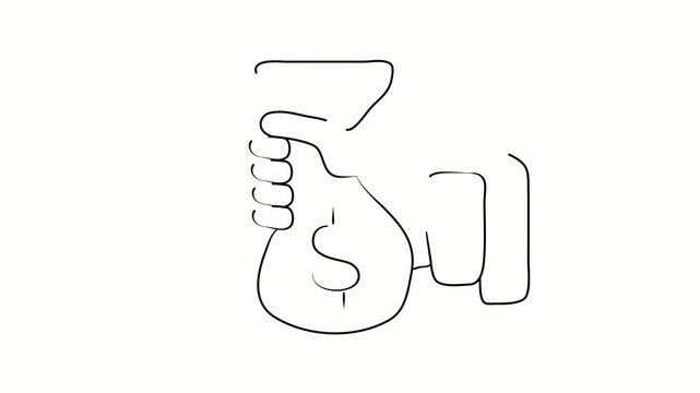 Hand holding a bag of money, wealth. Contour drawing, silhouett animation. Continuous line. Isolated on white. Video 4k object illustration self-drawing. Object construction. Minimalist continuous lin