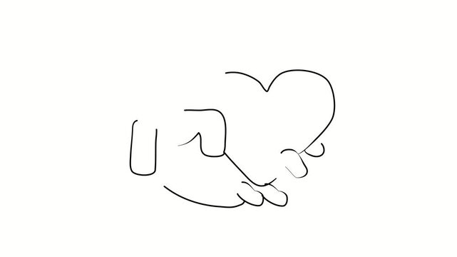 Hand holding a heart, a declaration of love. Contour drawing, silhouett animation. Continuous line. Isolated on white. Video 4k object illustration self-drawing. Object construction. Minimalist contin