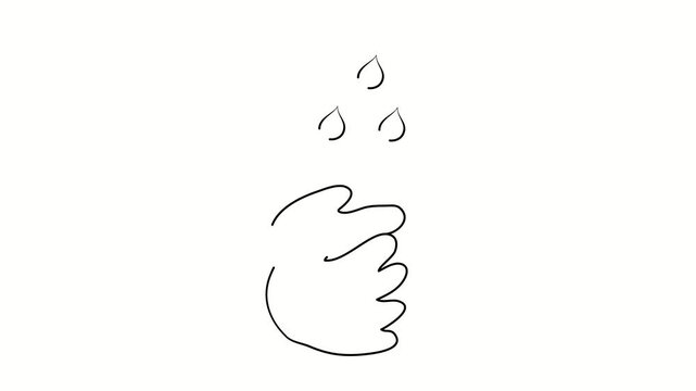 Washing hands, hands under drops of water. Contour drawing, silhouett animation. Continuous line. Isolated on white. Video 4k object illustration self-drawing. Object construction. Minimalist continuo