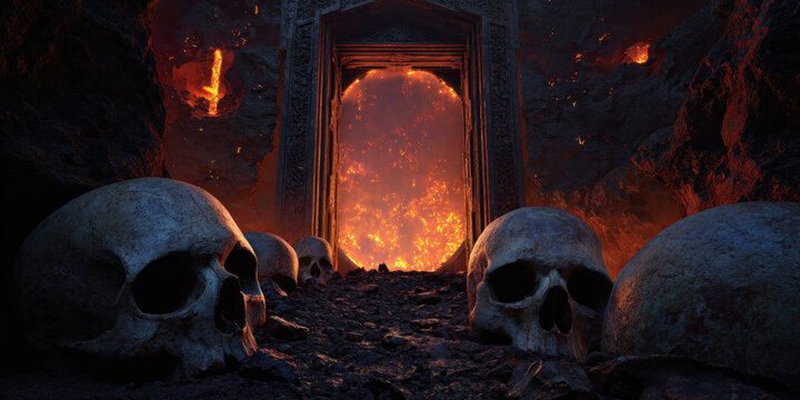 Hell gate fire portal skull cave lava glow dark rock inferno light horror scene fantasy landscape burning doorway ash smoke