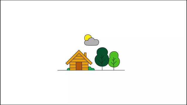 Cute cartoon log cabin house with green trees and sun behind a cloud vector animation.