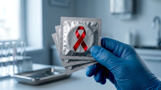 Gloved hand holding condoms with red ribbon for HIV AIDS awareness in a laboratory background

