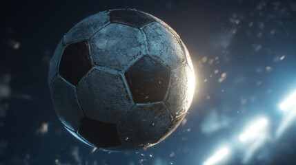 Naklejka premium Soccer ball in flight close up high speed dramatic light dark background motion sport action airborne ball