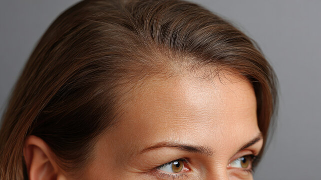 Sparse hair close up thinning hair hair loss scalp head woman brown hair side view portrait medical concern