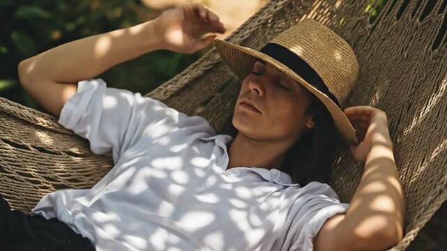 Young man relaxing in a hammock with a straw hat over his face for a digital detox and slow living