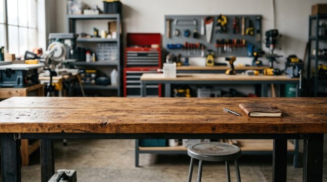 A well-equipped workshop with a sturdy wooden workbench in the foreground and tools organized on shelves and pegboards in the background.