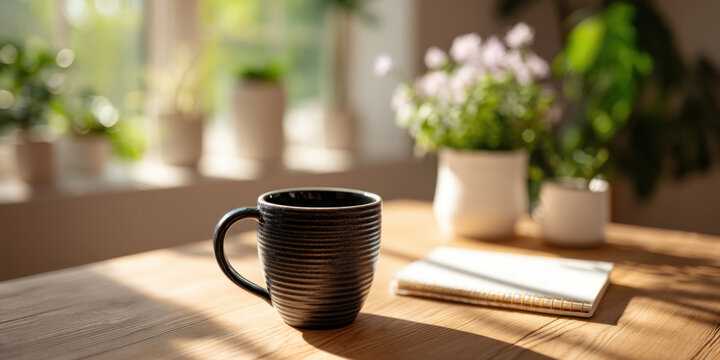 Coffee cup wooden table sunlit interior potted plant notebook blurred background cozy workspace home office morning light still life ceramic mug desk surface warm tone natural light indoor plant