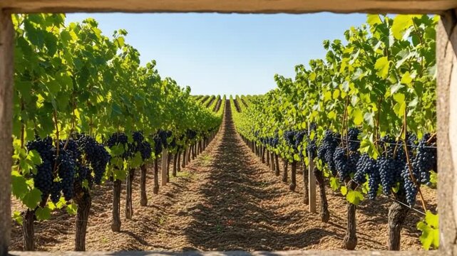 Vineyard view through stone window frame, rows of ripe red wine grapes in summer harvest season