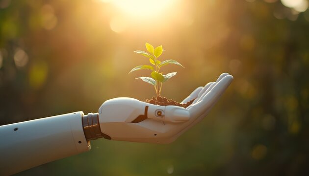Robotic hand holding a small green plant sprout in dirt against a warm sunset bokeh background, eco technology concept.