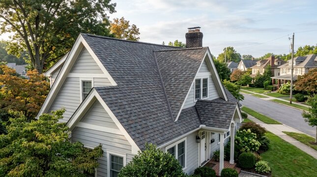 Detailed View of a Residential House Roof with Gray Asphalt Shingles and Chimney