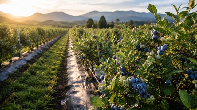 Modern blueberry plantation with neat rows of bushes and irrigation system