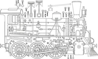 Close up view of a vintage train steam engine locomotive detail line art © Vhya