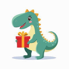 Naklejka premium Cute Cartoon Dinosaur Holding a Gift Box
