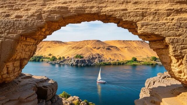 Traditional Felucca Sailing Boat on Nile River Framed by Natural Desert Rock Archway in Egypt