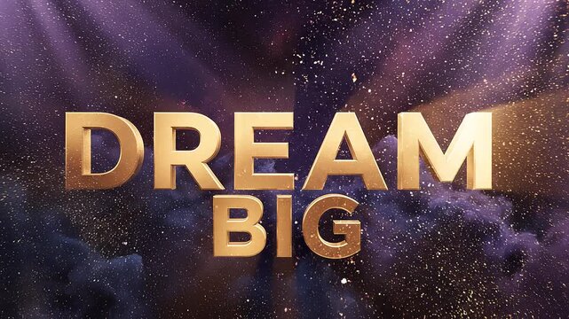 Dramatic cosmic "DREAM BIG" text animation emerging from swirling purple and gold clouds with sparkling golden particles and god rays. Epic, cinematic, and empowering atmosphere. Perfect for ambition,