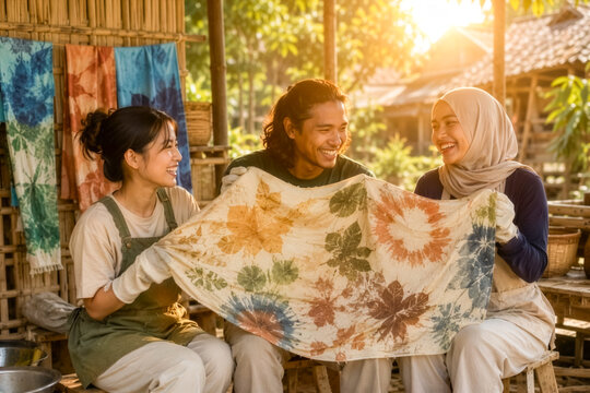 Three happy Asian friends display a beautiful handmade tie-dye fabric with natural leaf prints during an eco-friendly crafting workshop in the golden sunlight.