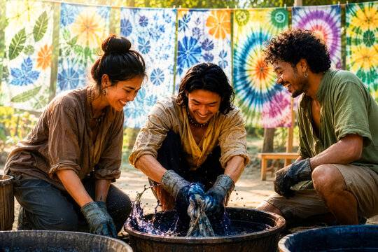 Three joyful Asian friends laugh together while rinsing indigo fabric in a wooden tub during an outdoor eco-printed tie-dye workshop.