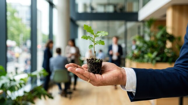 Businessman holding a small plant in a modern office environment symbolizing growth and sustainability.