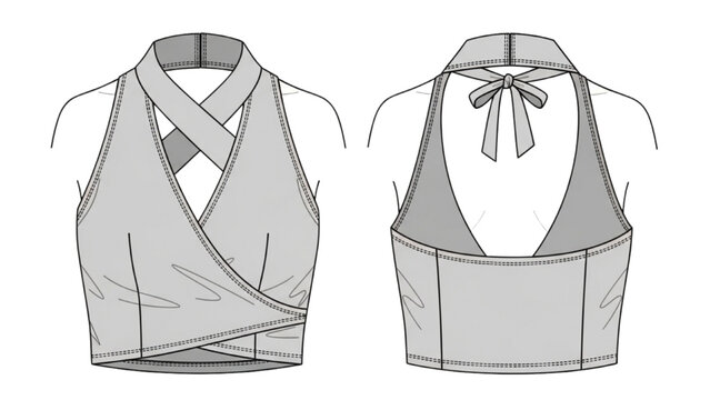 Fashion designer illustrates two gray halter neck tops with unique back designs