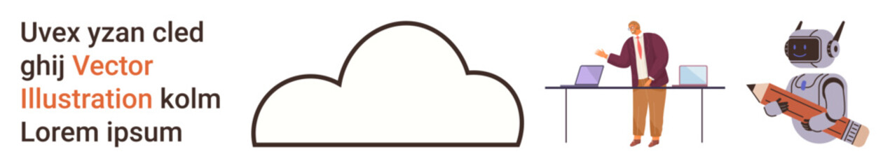 Fototapeta premium Cloud storage, technology collaboration, automation, remote work, digital tools, and AI solutions. A large cloud icon, a human working at a desk and a robot with a pencil. Cloud storage