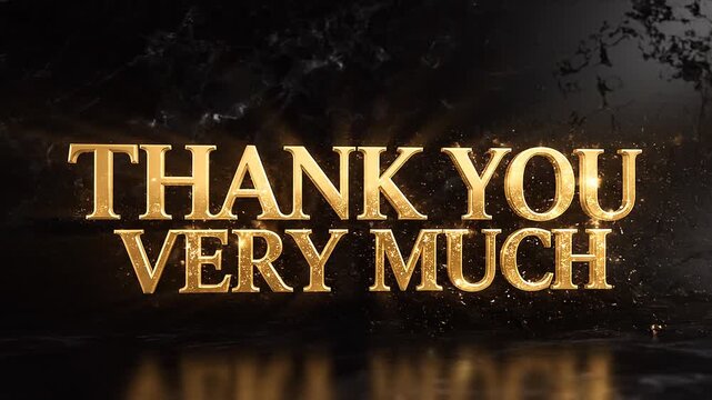 Elegant luxurious "THANK YOU VERY MUCH" gold 3D text on dark marble background with dramatic golden light rays and sparkling particles. Sophisticated and grateful atmosphere. Perfect for thank you vid