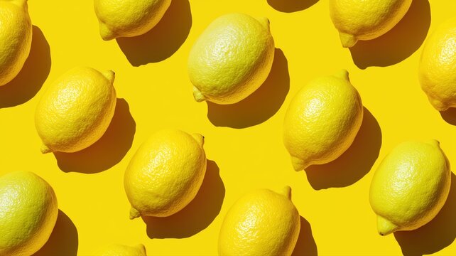 黄色い背景に並べられたレモンの集合体。食品関連のデザインや広告に適したビタミンイメージ素材