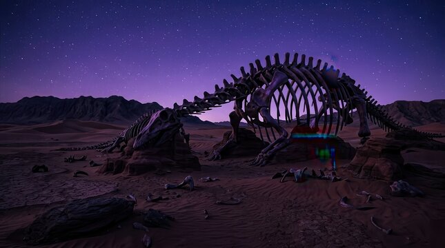 Majestic Dinosaur Skeleton Unearthed in Ancient Desert Landscape Under Starry Night Sky
