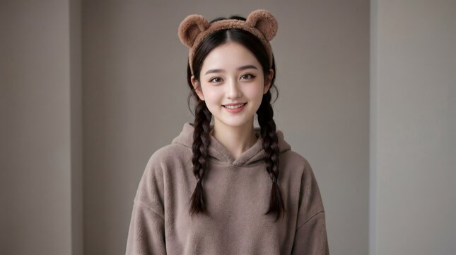 茶色の居心地の良いパーカーを着て、三つ編みとクマの耳のカチューシャをして微笑むかわいいアジアの若い女性