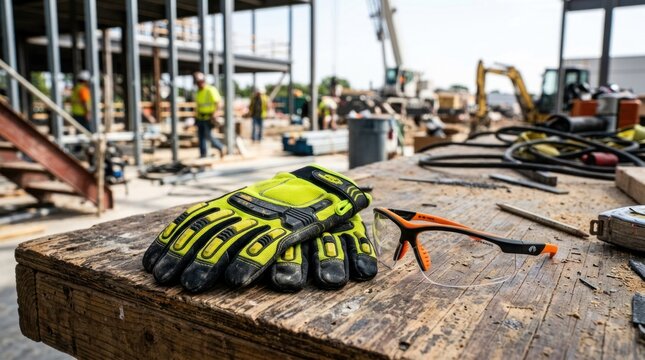 Construction Site Safety Gear Gloves and Glasses on Workbench.
