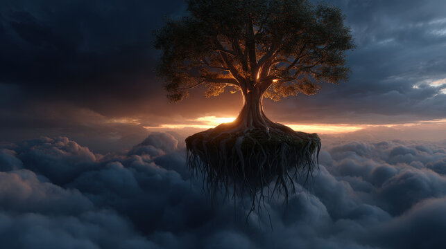 Fantasy tree tree of life floating island cloud sunset glowing light roots sky dramatic scene magical landscape dreamlike lone tree island horizon storm cloud nature surreal ethereal dark sky root